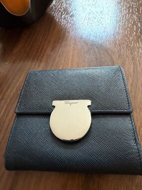 Salvatore Ferragamo Black Textured Leather Card Holder with Gold Gancini